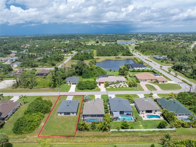 aerial view featuring a water view