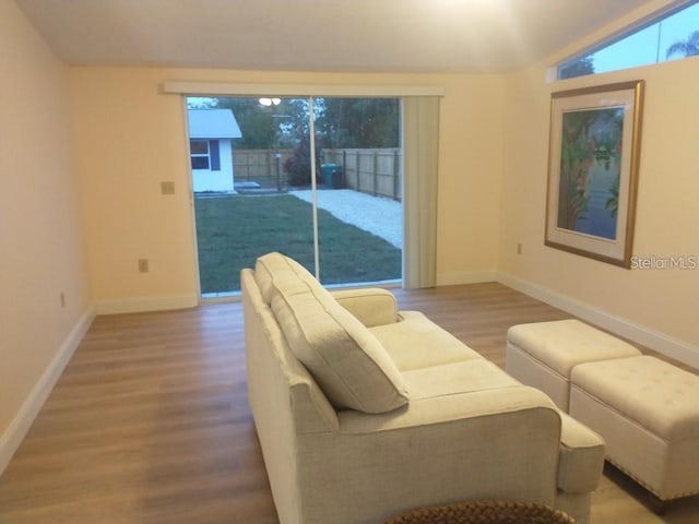 living room featuring vaulted ceiling and wood-type flooring