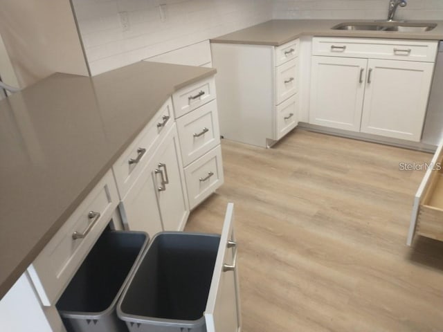 kitchen with white cabinetry, light hardwood / wood-style flooring, and sink