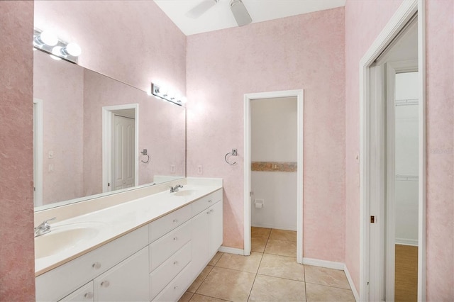 bathroom with ceiling fan, vanity, and tile patterned floors