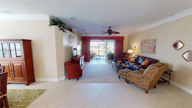 living room featuring ornamental molding, visible vents, ceiling fan, and light tile patterned floors