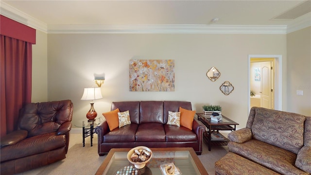 living room featuring ornamental molding and carpet flooring