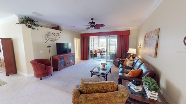 living room featuring light colored carpet, light tile patterned flooring, crown molding, and ceiling fan