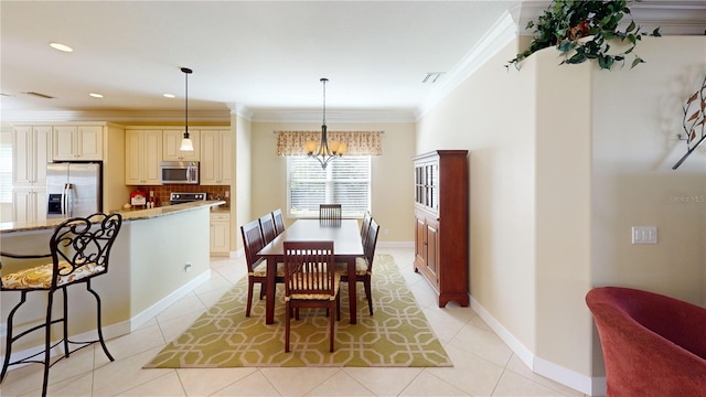 dining area with visible vents, ornamental molding, light tile patterned flooring, a chandelier, and baseboards