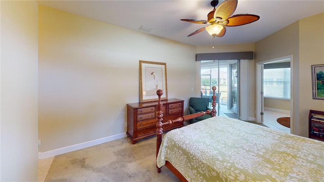 bedroom featuring a ceiling fan, access to outside, light carpet, and baseboards