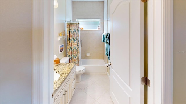 full bathroom with toilet, shower / bathtub combination with curtain, vanity, and tile patterned floors