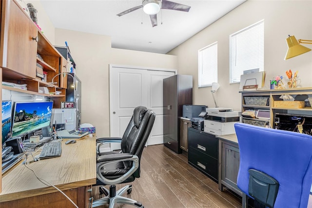 office space featuring ceiling fan and dark hardwood / wood-style flooring