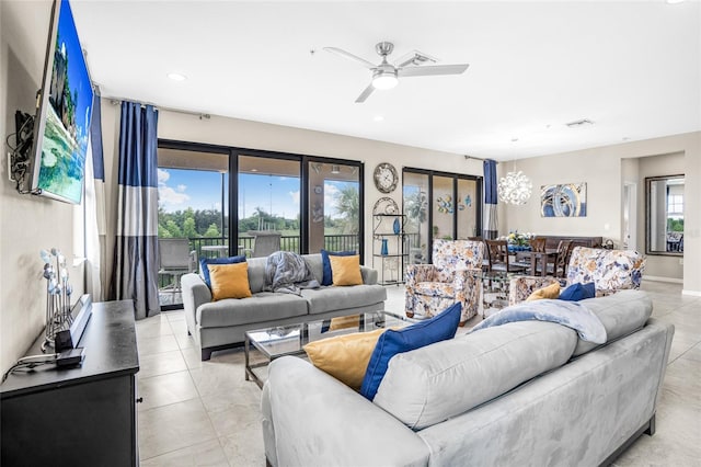 tiled living room with ceiling fan