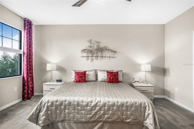 bedroom with ceiling fan and carpet