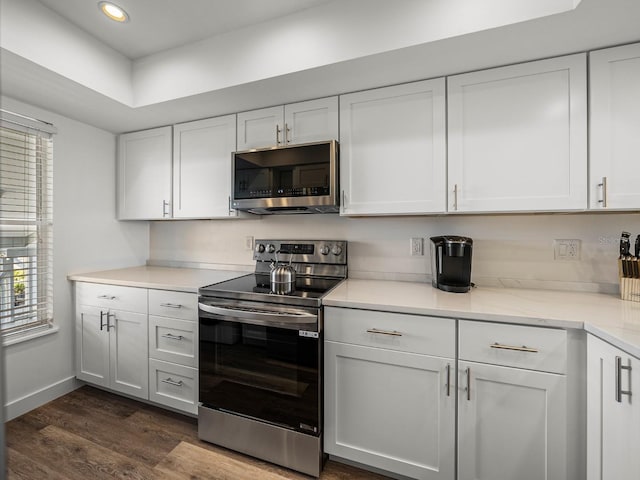 kitchen with white cabinetry, appliances with stainless steel finishes, and dark hardwood / wood-style floors