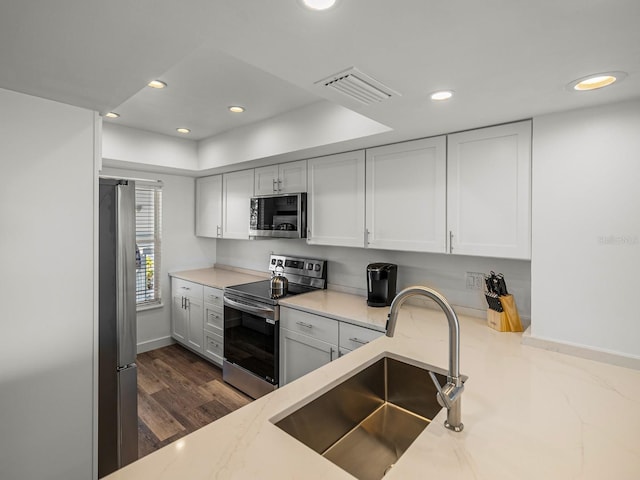 kitchen featuring dark wood-type flooring, sink, stainless steel appliances, light stone countertops, and white cabinets