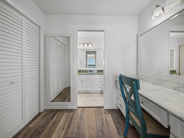 bathroom featuring hardwood / wood-style flooring and vanity