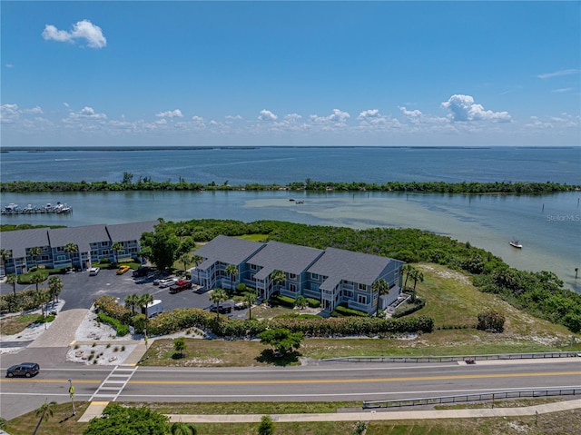 drone / aerial view with a water view