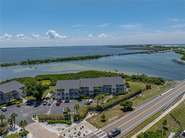 drone / aerial view featuring a water view