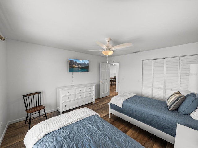 bedroom with ceiling fan, dark hardwood / wood-style floors, and a closet