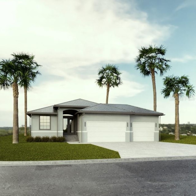 prairie-style house featuring driveway, an attached garage, a front yard, and stucco siding