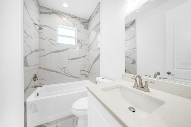 bathroom with toilet, recessed lighting, vanity, marble finish floor, and washtub / shower combination