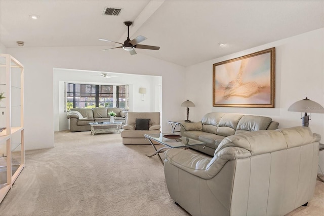 living room featuring vaulted ceiling with beams and light carpet