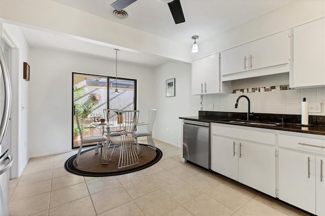 kitchen with sink, dishwasher, white cabinets, dark stone counters, and backsplash