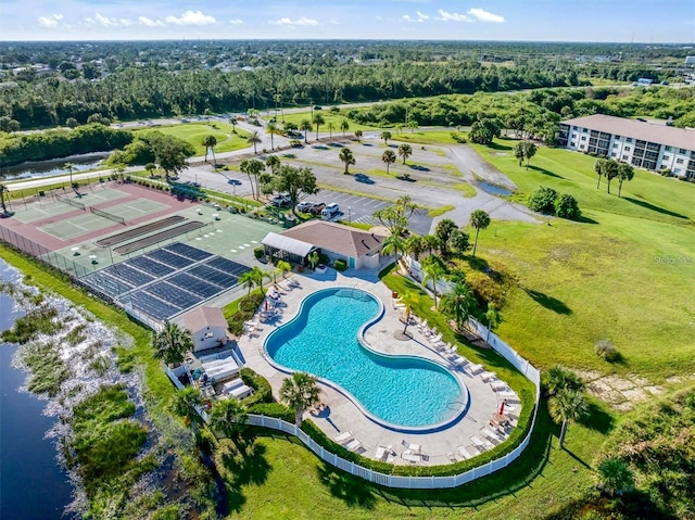 aerial view featuring a water view