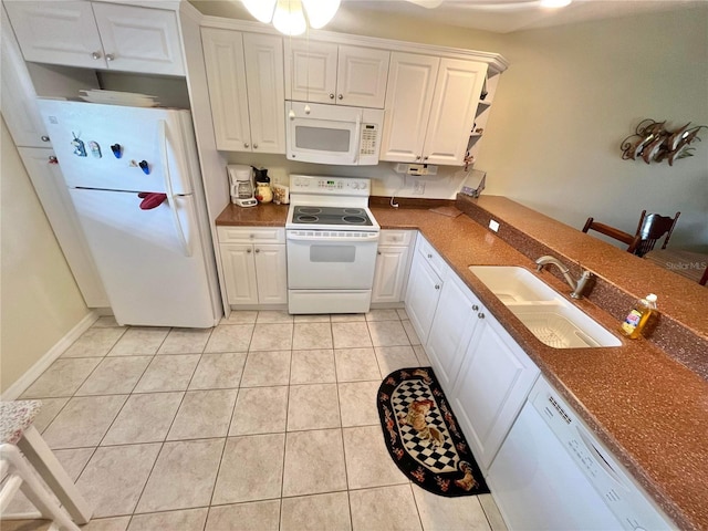 kitchen with white cabinetry, sink, light tile patterned floors, kitchen peninsula, and white appliances