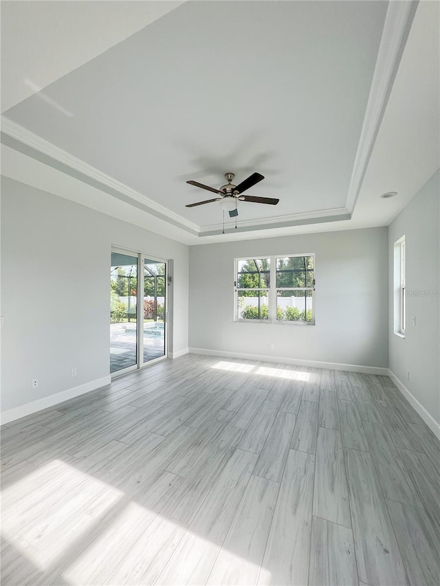 empty room with a tray ceiling, a wealth of natural light, and light hardwood / wood-style flooring