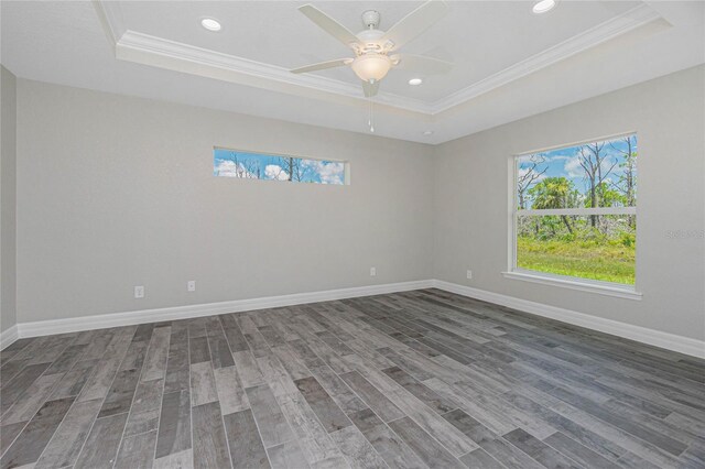 unfurnished room featuring wood-type flooring, a raised ceiling, crown molding, and ceiling fan