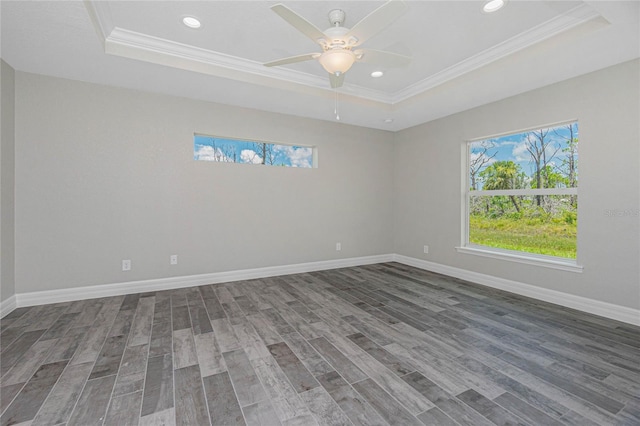 spare room with a raised ceiling, crown molding, wood finished floors, and baseboards