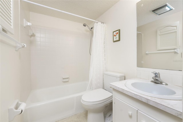 full bathroom with shower / bath combination with curtain, toilet, a textured ceiling, and vanity