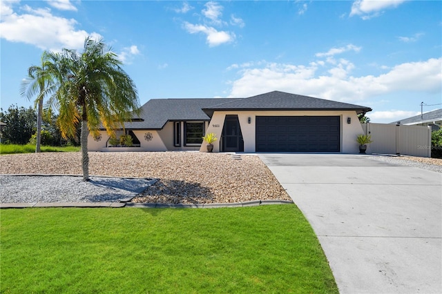 ranch-style home featuring a garage and a front lawn