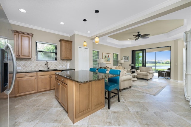 kitchen featuring dark stone countertops, plenty of natural light, a tray ceiling, and ceiling fan