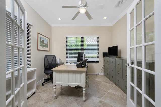 office with ceiling fan, visible vents, baseboards, french doors, and ornamental molding