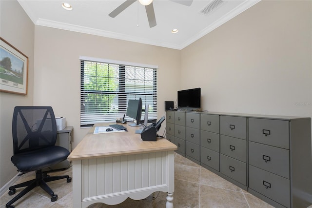 home office featuring crown molding and ceiling fan