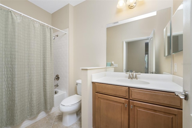 full bathroom with shower / bath combination with curtain, tile patterned flooring, vanity, and toilet