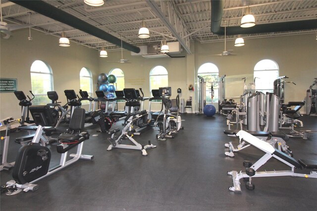 workout area with a towering ceiling