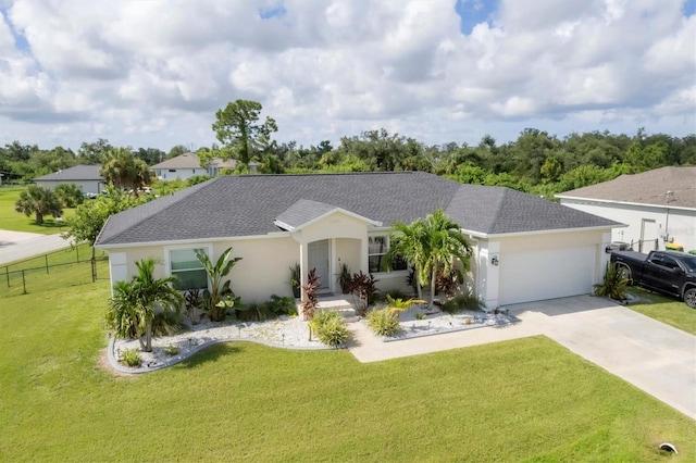 ranch-style house with a front lawn and a garage