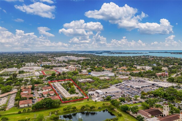 aerial view featuring a water view