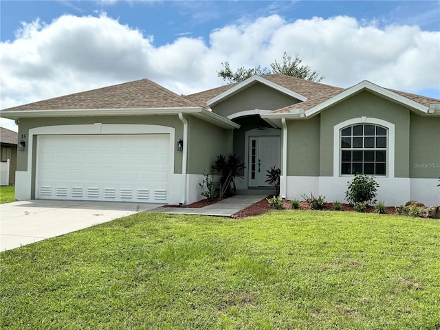 single story home featuring a garage and a front yard