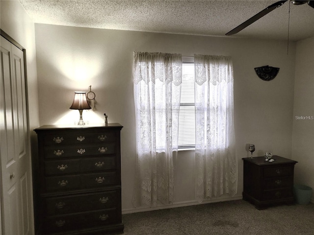 carpeted bedroom with multiple windows, a textured ceiling, ceiling fan, and a closet