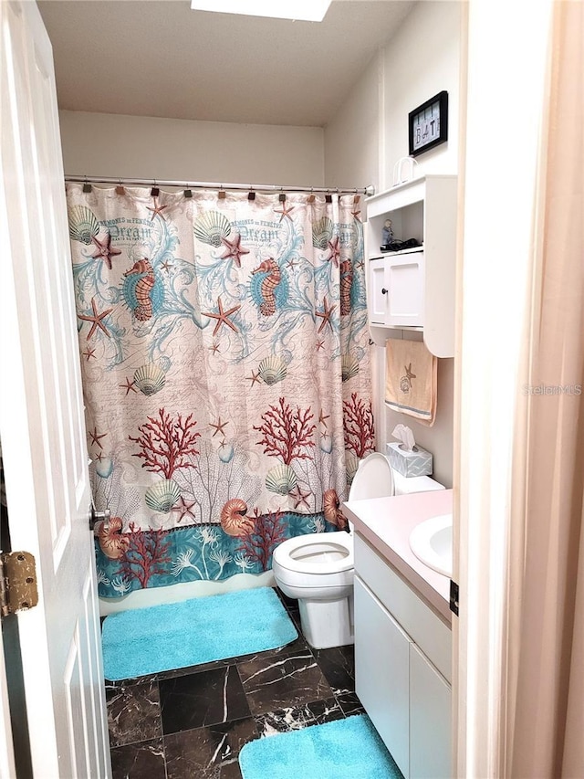 bathroom featuring vanity, toilet, and a shower with shower curtain