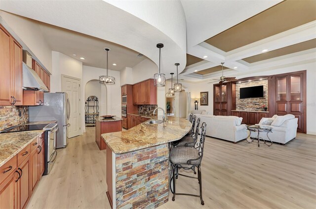 kitchen featuring light wood-type flooring, appliances with stainless steel finishes, light stone counters, and ventilation hood