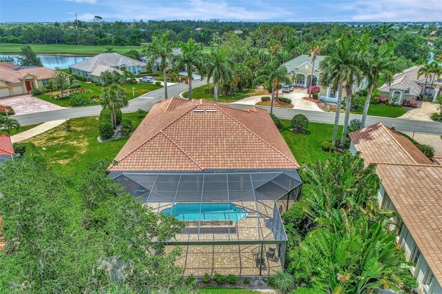 bird's eye view with a water view