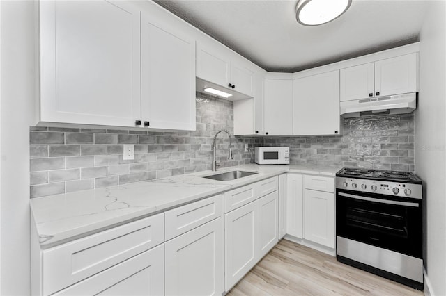 kitchen with under cabinet range hood, electric stove, a sink, light stone countertops, and white microwave