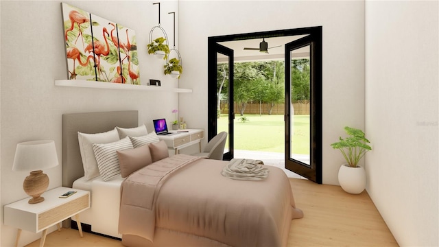 bedroom featuring access to exterior and light hardwood / wood-style floors