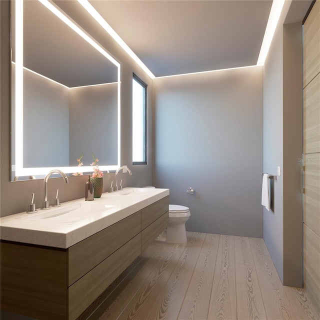 bathroom featuring vanity, toilet, and hardwood / wood-style floors