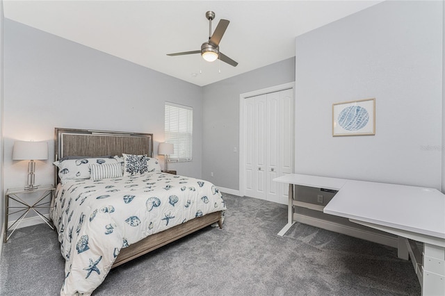 carpeted bedroom with ceiling fan and a closet