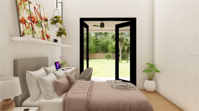 bedroom with access to outside and light hardwood / wood-style flooring