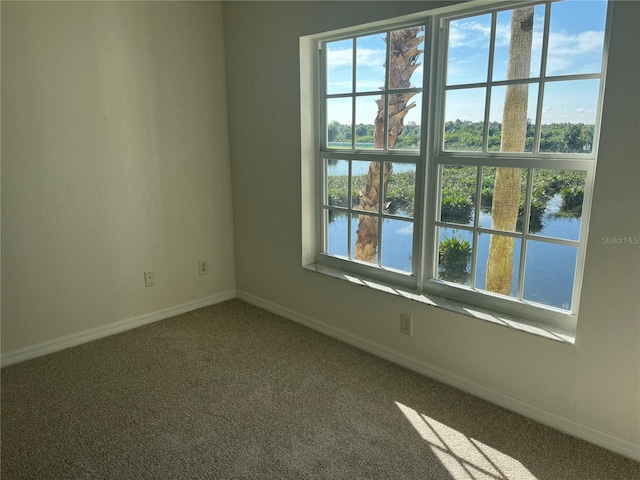 carpeted empty room with a water view