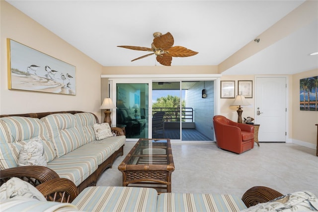 living room with ceiling fan and light tile patterned floors