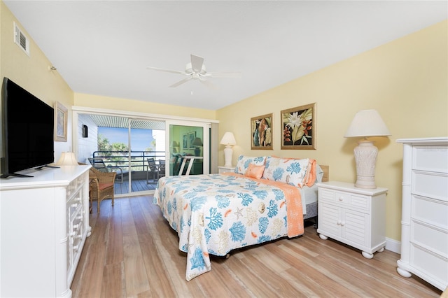 bedroom featuring access to exterior, ceiling fan, and light hardwood / wood-style floors